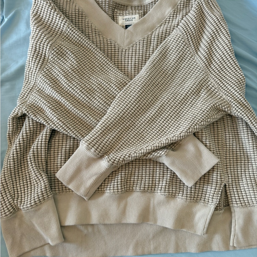 American Eagle Outfitters Cream and Light Brown Check V-Neck Sweater